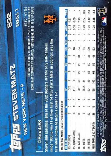 2017 Topps #632 Steven Matz NM-MT Mets - Baseball Card Single