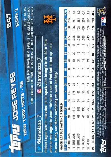 Original gloss Jose Reyes NM-MT baseball card from 2017 Topps #647 Mets