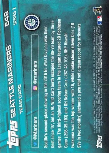 Baseball card back with original gloss from 2017 Topps Seattle Mariners NM-MT