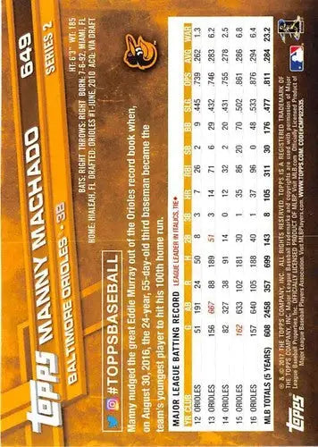 Original gloss Manny Machado baseball card from 2017 Topps #649 Manny Machado NM-MT Orioles