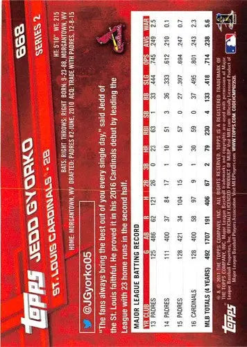 2017 Topps #668 Jedd Gyorko NM-MT Cardinals ID:1711 - Baseball Card Single