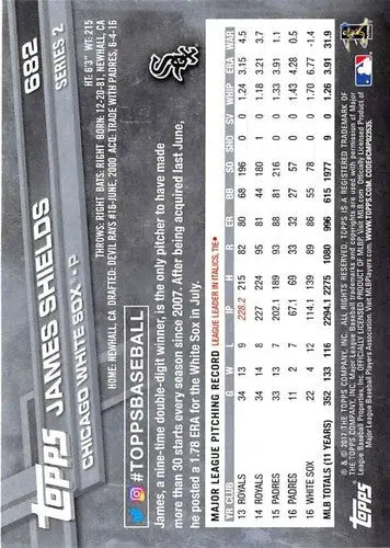 Original gloss on James Shields Baseball card back from 2017 Topps #682 NM-MT