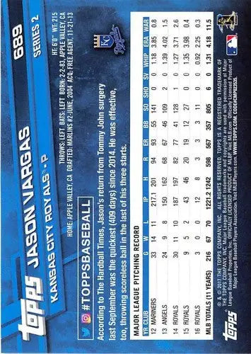 2017 Topps #689 Jason Vargas Royals baseball card with original gloss and vibrant details