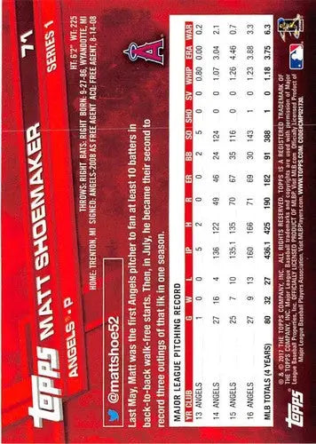 Matt Shoemaker baseball card with original gloss from 2017 Topps NM-MT Angels