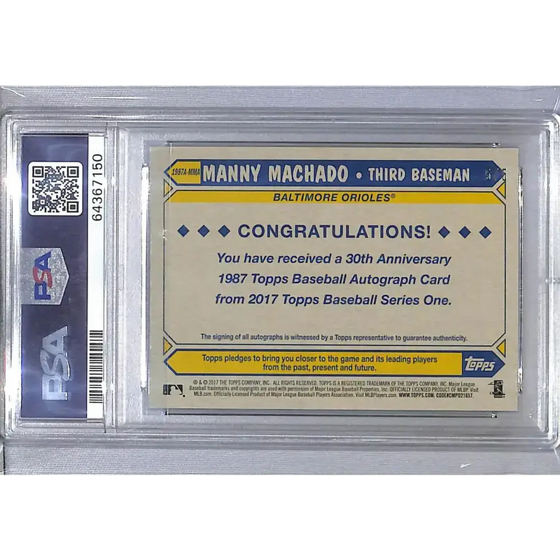 2017 Topps ’87 Topps 30th Anniversary #1987A-MMA Manny Machado PSA 10 GEM MINT Auto 5/5 Baltimore Orioles - Baseball