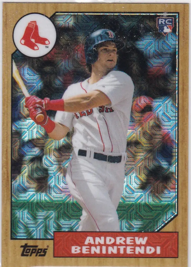 Baseball card of Andrew Benintendi in batting stance from the Silver Pack Rookie series