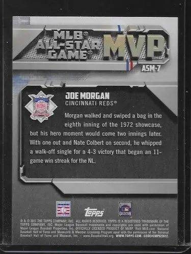 Joe Morgan baseball card from 2017 Topps All Star MVPs with original gloss