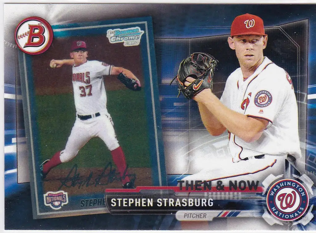 Baseball card of Stephen Strasburg Washington Nationals in Then & Now uniform comparison