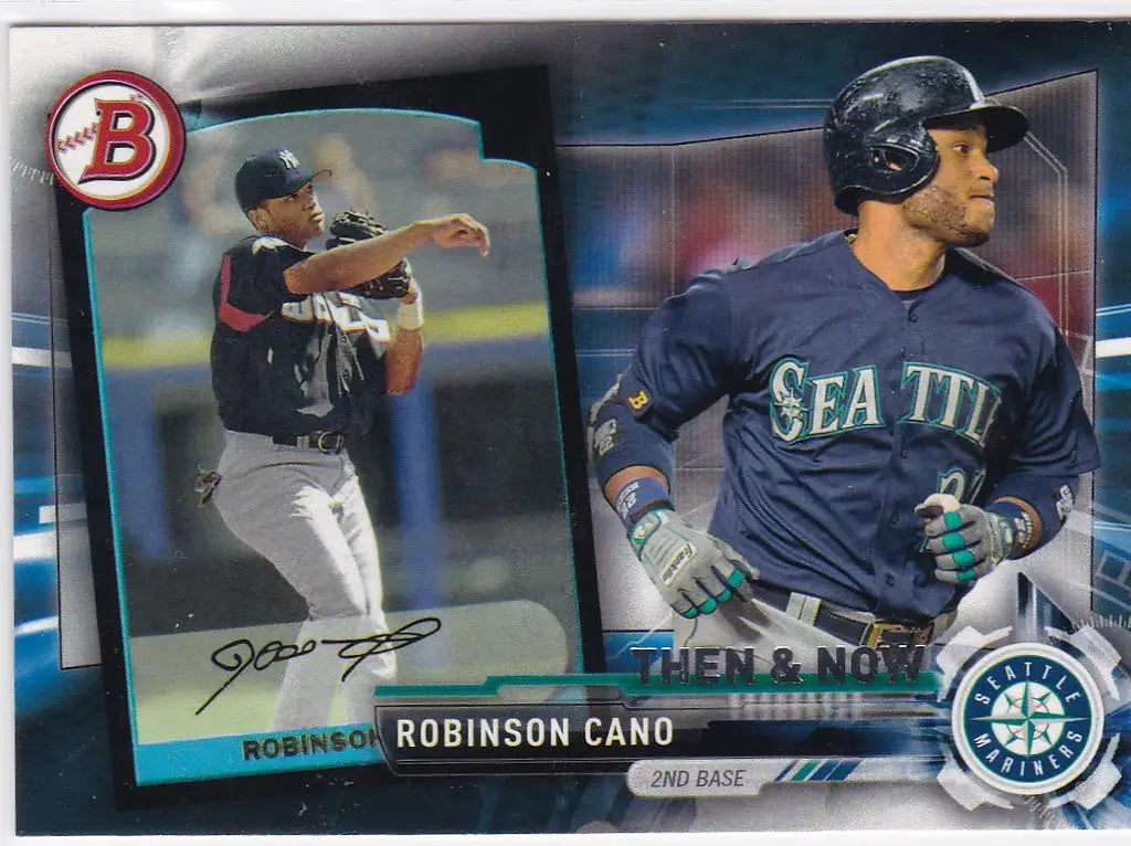 Baseball card of Robinson Cano Seattle Mariners in pitching and batting poses, Topps Bowman