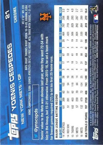2017 Topps Chrome #21 Yoenis Cespedes NM-MT Mets - Baseball Card Single