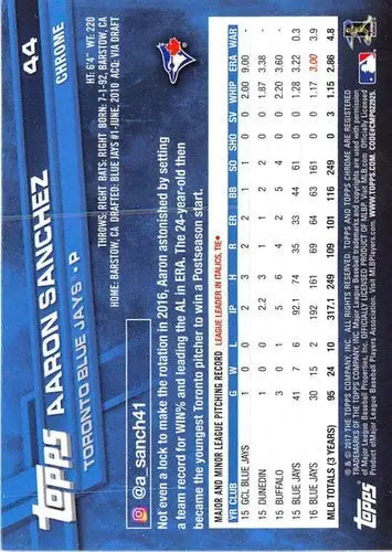 2017 Topps Chrome #44 Aaron Sanchez NM-MT Blue Jays - Baseball Card Single