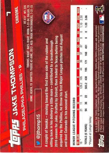 2017 Topps Chrome #7 Jake Thompson NM-MT RC Rookie Phillies - Baseball Card Single