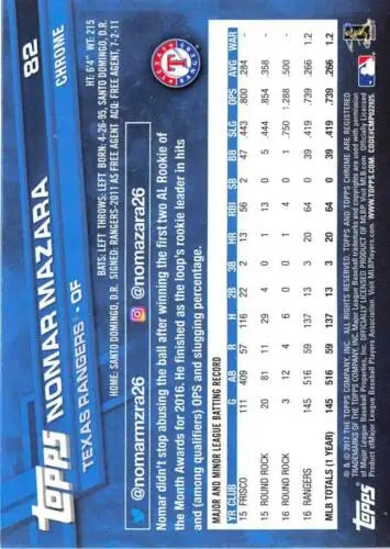 2017 Topps Chrome #82 Nomar Mazara NM-MT Rangers baseball card with original gloss