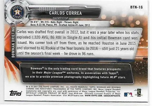 Carlos Correa baseball card from 2017 Topps Chrome Bowman Then and Now series