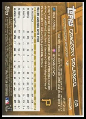 2017 Topps Chrome Gregory Polanco 62 Pittsburgh Pirates NM - Baseball Card Single