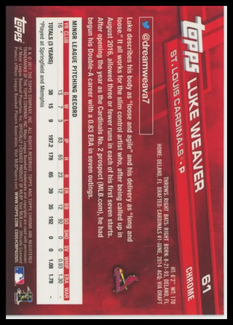 2017 Topps Chrome Luke Weaver RC 61 St. Louis Cardinals NM - Baseball Card Single