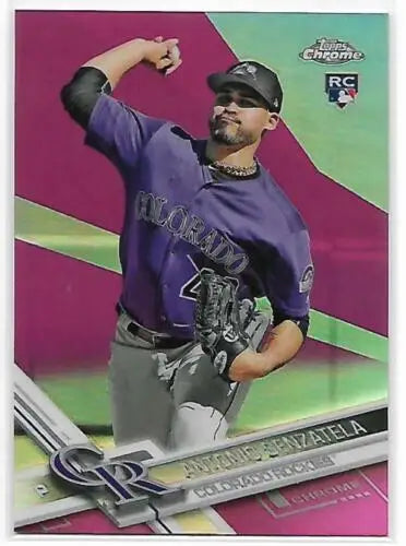 2017 Topps Chrome Pink Refractor baseball card of Antonio Senzatela Rockies with original gloss