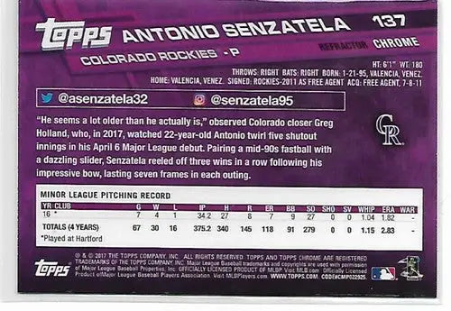 Original gloss Tony Senzatela 2017 Topps Chrome Pink Refractor baseball card