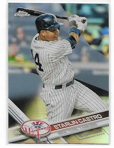 2017 Topps Chrome Refractor Baseball card featuring Starlin Castro Yankees with original gloss