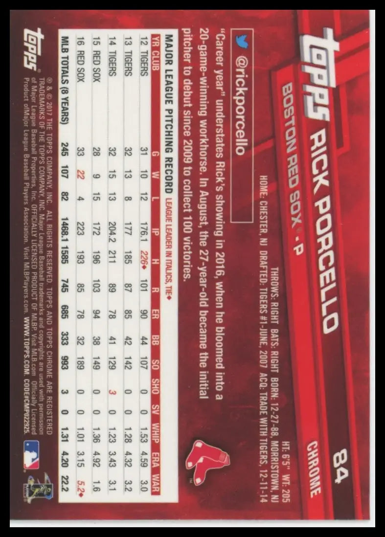 2017 Topps Chrome Rick Porcello 84 Boston Red Sox NM - Baseball Card Single