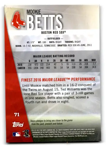 2017 Topps Finest #71 Mookie Betts NM-MT Red Sox ID:77346 - Baseball Card Single