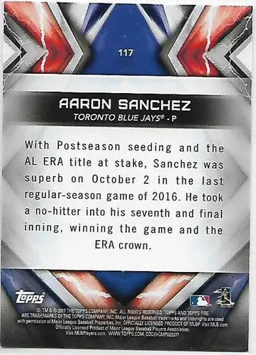 Baseball card back of 2017 Topps Fire Blue Chip Aaron Sanchez with original gloss