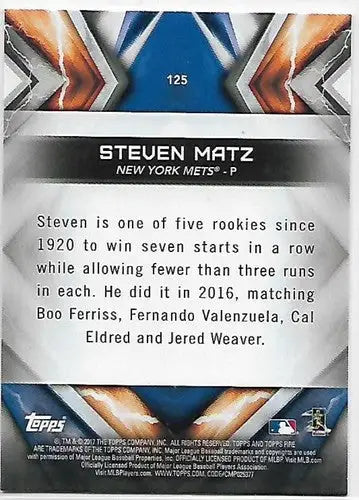 Baseball card back with original gloss for Steven Matz NM-MT Mets ID 6552