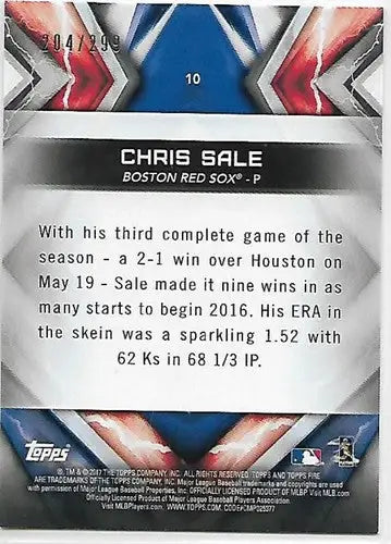 2017 Topps Fire Orange #10 Chris Sale NM-MT 204/299 Red Sox - Baseball Card Single