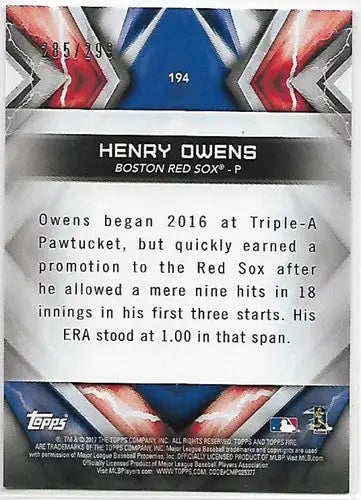 2017 Topps Fire Orange #194 Henry Owens NM-MT 285/299 Red Sox ID:6547 - Baseball Card Single