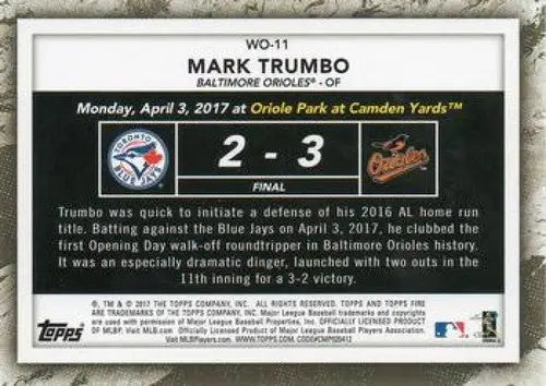 Baseball card back featuring Mark Trumbo on 2017 Topps Fire Walk It Off Blue Chip series