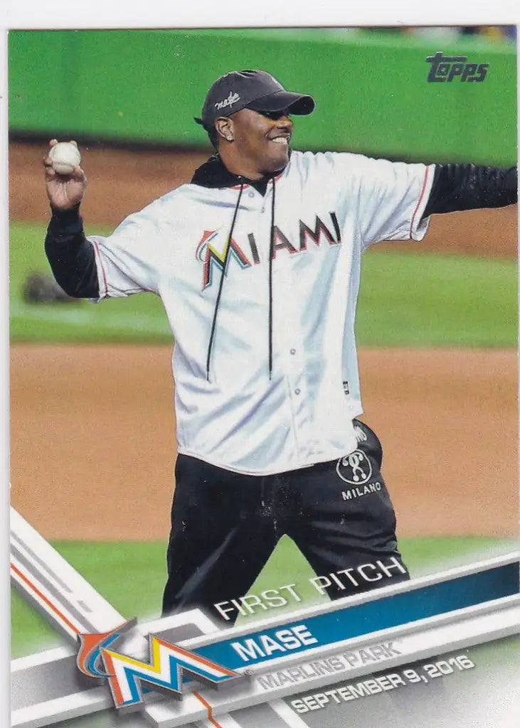Baseball card of Mase from Miami Marlins throwing first pitch in 2017 Topps set