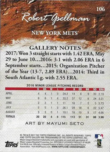 2017 Topps Gallery #106 Robert Gsellman NM-MT RC Rookie Mets ID:5371 - Baseball Card Single