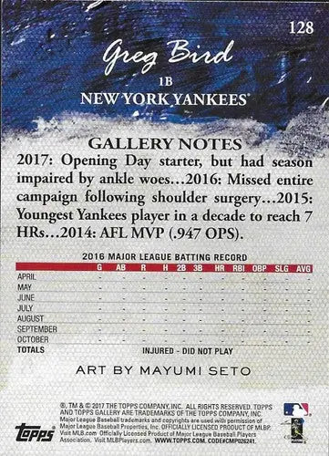2017 Topps Gallery Greg Bird baseball card with original gloss and NM-MT condition
