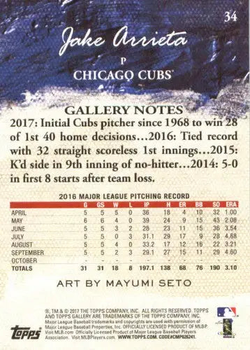 Baseball card back with original gloss from Topps Gallery featuring Jake Arrieta Cubs