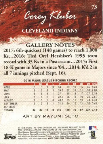 2017 Topps Gallery #73 Corey Kluber NM-MT Indians ID:5364 - Baseball Card Single