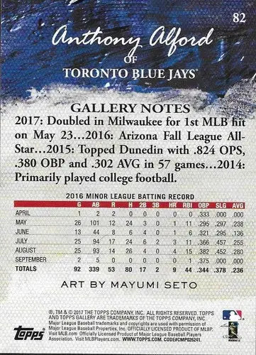 Baseball card back with original gloss from 2017 Topps Gallery Rookie Blue Jays