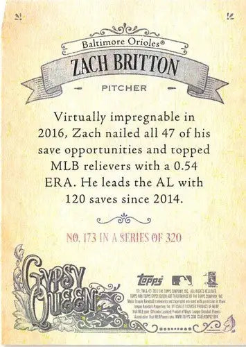 Original gloss baseball card from 2017 Topps Gypsy Queen featuring Zach Britton Orioles