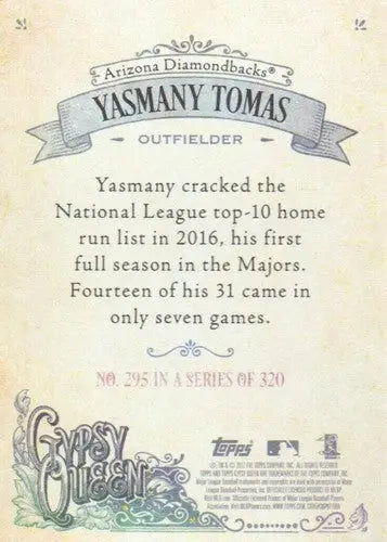 Yasmany Tomas baseball card from 2017 Topps Gypsy Queen series featuring Diamondbacks