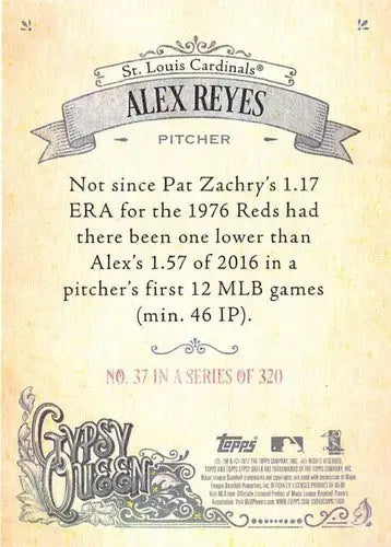 Original gloss 2017 Topps Gypsy Queen Alex Reyes rookie baseball card featuring Simply Sandoval