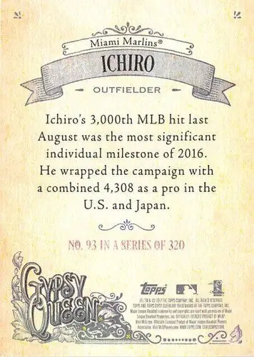 Baseball trading card for Ichiro Suzuki from 2017 Topps Gypsy Queen series