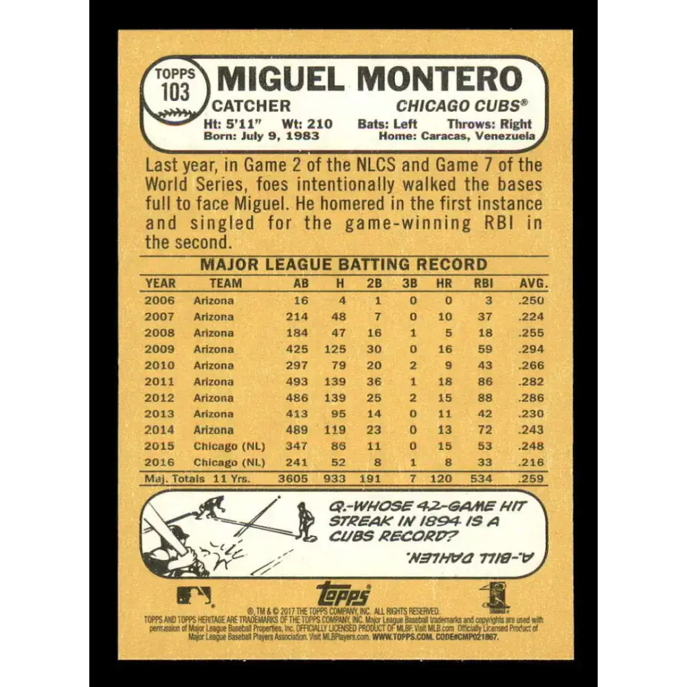 2017 Topps Heritage #103 Miguel Montero NM-MT Chicago Cubs Baseball Card - Baseball Card Single