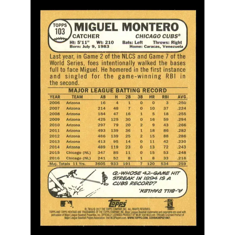 2017 Topps Heritage #103 Miguel Montero NM-MT Chicago Cubs Baseball Card - Baseball Card Single