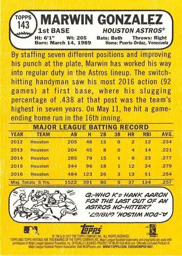 Marwin Gonzalez baseball card back with original gloss from 2017 Topps Heritage Astros