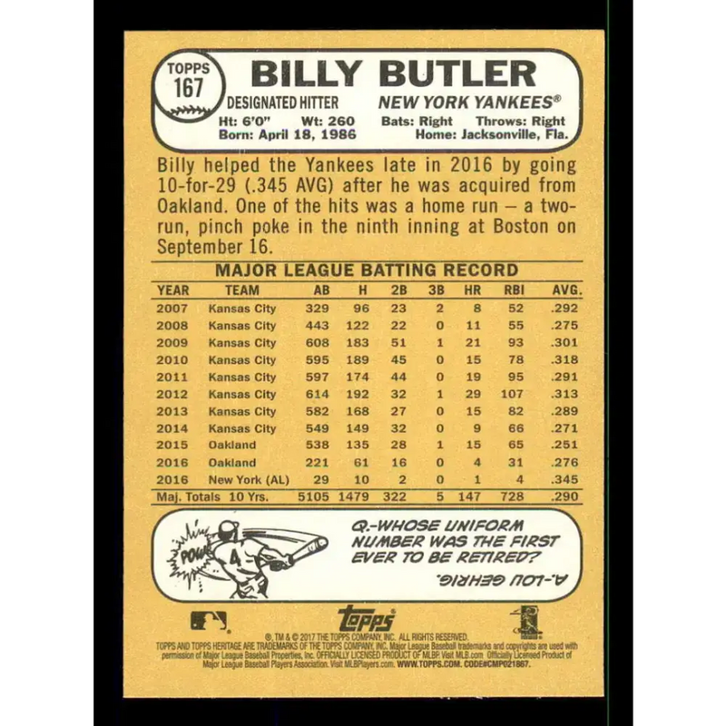 2017 Topps Heritage #167 Billy Butler NM-MT New York Yankees Baseball Card - Baseball Card Single