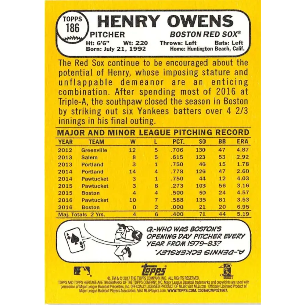 2017 Topps Heritage #186 Henry Owens NM-MT Boston Red Sox Baseball Card - Baseball Card Single