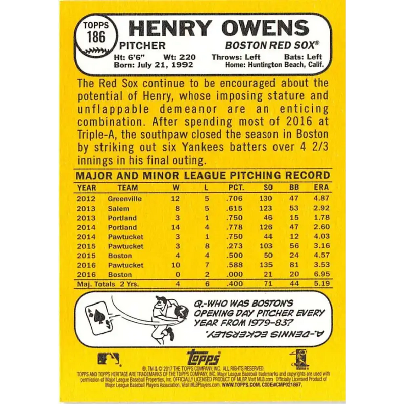 2017 Topps Heritage #186 Henry Owens NM-MT Boston Red Sox Baseball Card - Baseball Card Single