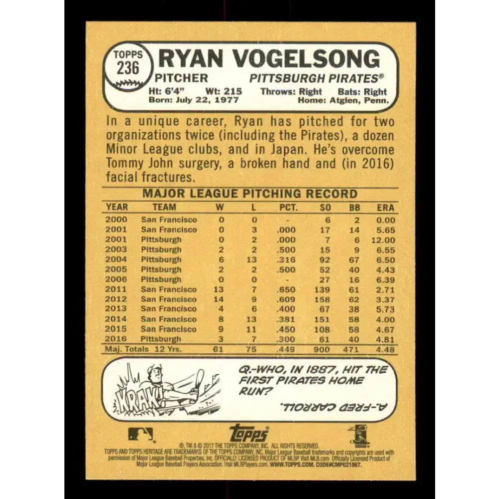 2017 Topps Heritage #236 Ryan Vogelsong NM-MT Pittsburgh Pirates Baseball Card - Baseball Card
