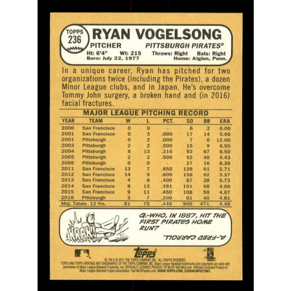 2017 Topps Heritage #236 Ryan Vogelsong NM-MT Pittsburgh Pirates Baseball Card - Baseball Card