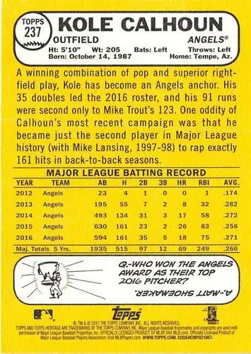 Kole Calhoun baseball card from 2017 Topps Heritage with original gloss NM-MT