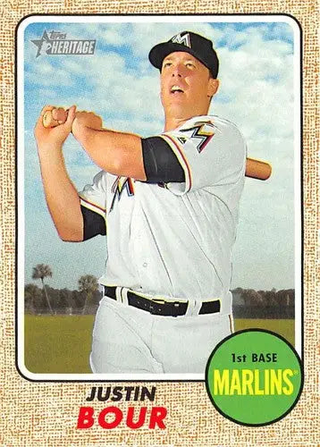 Baseball card of Justin Bour featuring original gloss from 2017 Topps Heritage collection